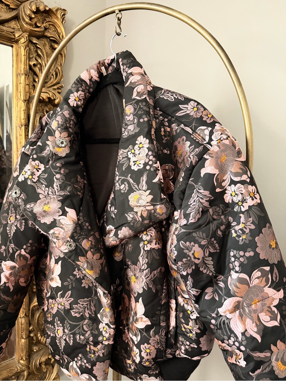 Free People Jacquard Floral Quilted Puffer Jacket - Pink on Black